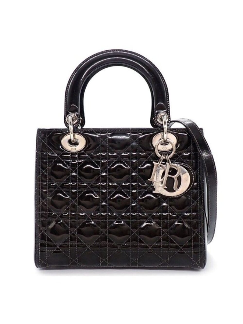 Dior Shoulder Bag Lady Dior Medium Black Patent Calfskin Silver